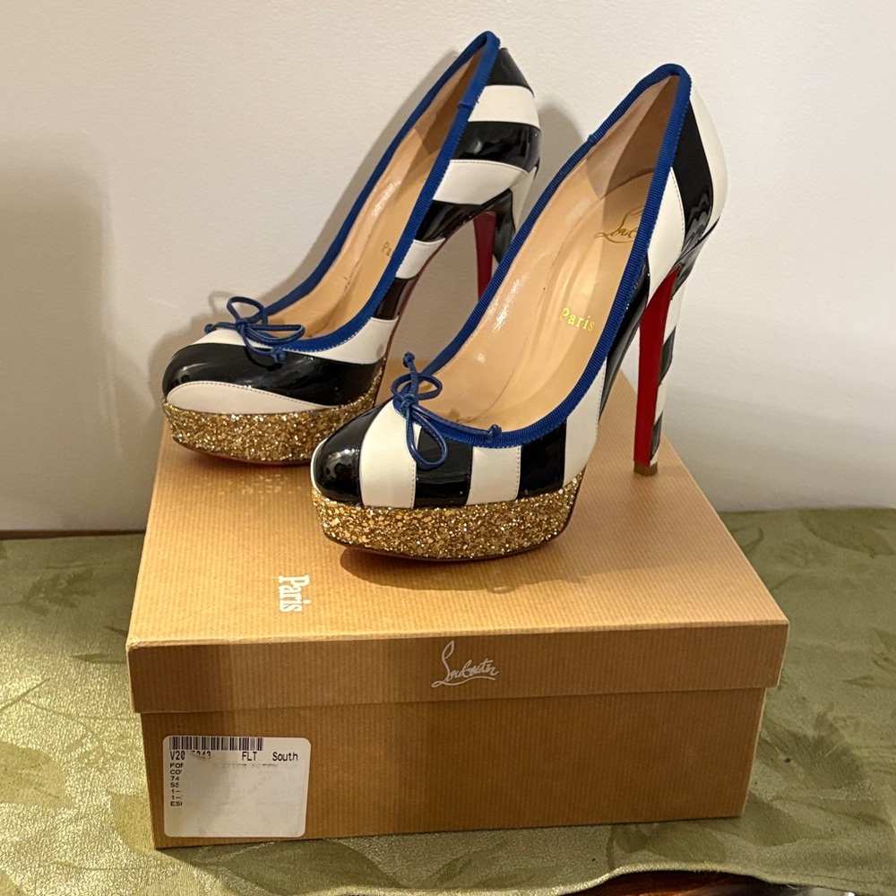 Christian Louboutin Black and White Heels with Gold Glitter Platform